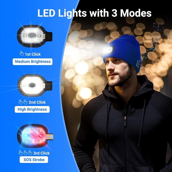 Bluetooth Beanie with Light, Beanie with LED and Bluetooth Headphones, Rechargea - Picture 3 of 7